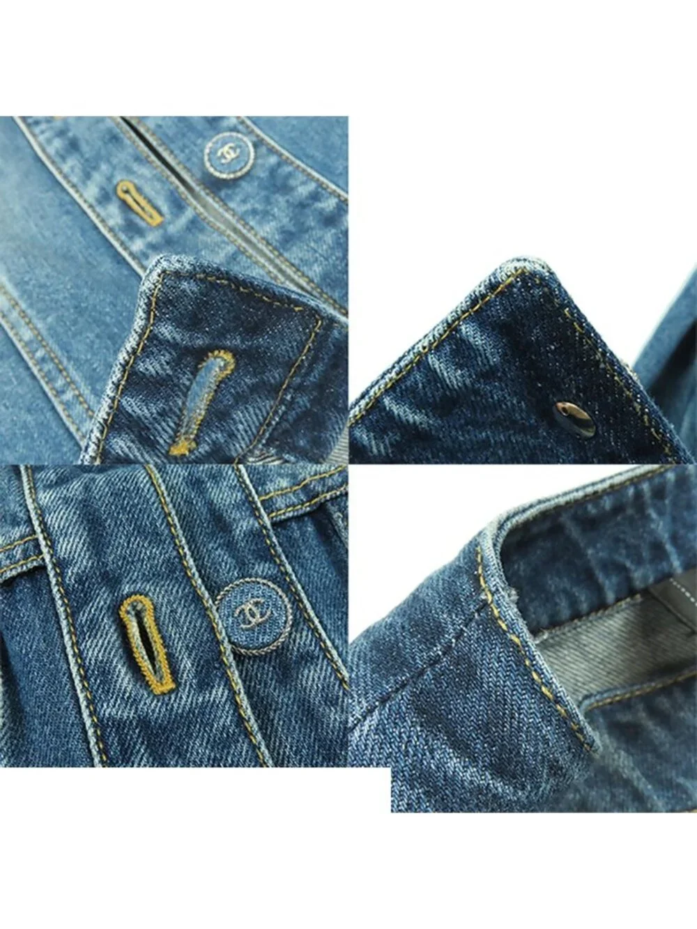 Chanel Collarless Jacket Blue Cotton Coco Button Denim 34